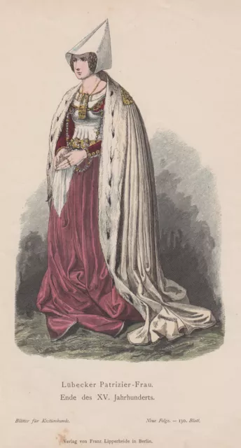 Lübeck Traje Original Grabado en Madera Hojas para Kostümkunde 1890