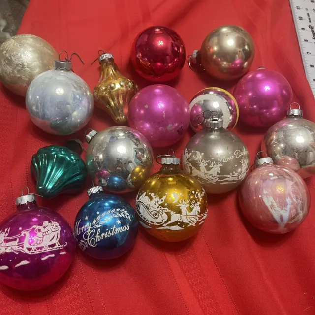 12 Vintage LARGE STENCILED SHINY BRITE USA MERCURY GLASS Christmas ORNAMENTS