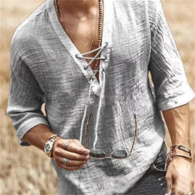 Mens Casual Long Sleeve Tops Cotton Linen Blouse Loose Henley V Neck T Shirt HOT 2