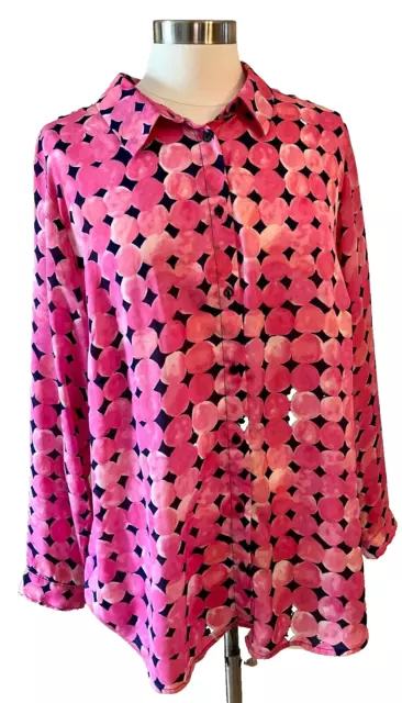 ***NWOT Liz Claiborne Pink Black Spring Print Blouse Shirt Top Button Up 1X