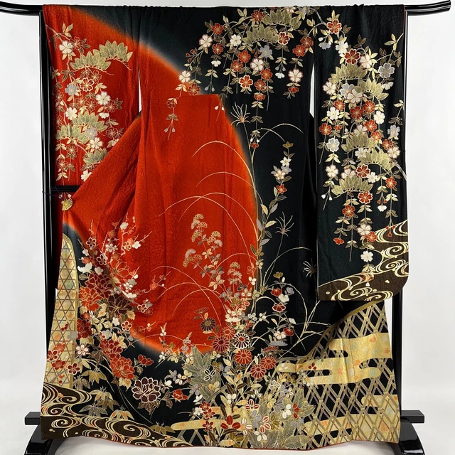 Japanese Silk Kimono Furisode Gold Foil Thread Silver Red Flower Pine Plum 64"