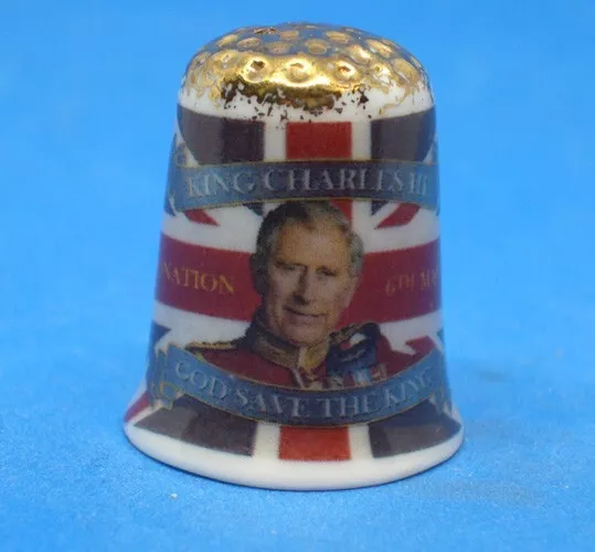 Birchcroft Gold Top Thimble --  King Charles 111 Coronation with Dome Box