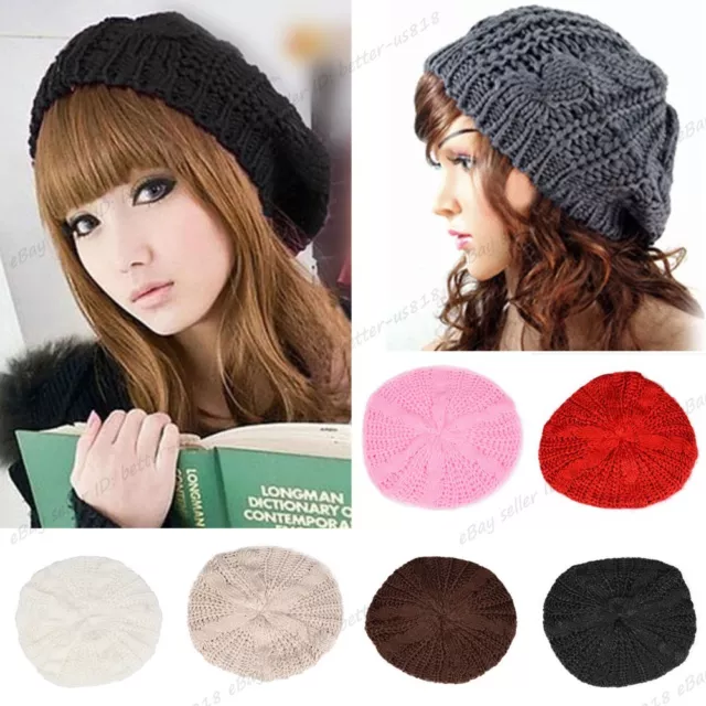 Fashion women's winter warm knitted crochet ski hat braided loose beret beanie