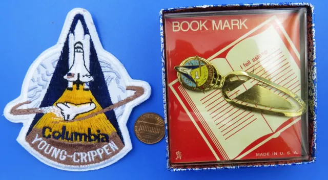 Space Shuttle Columbia BOOKMARK / PATCH Pair vtg STS-1 Young Crippen / Box!