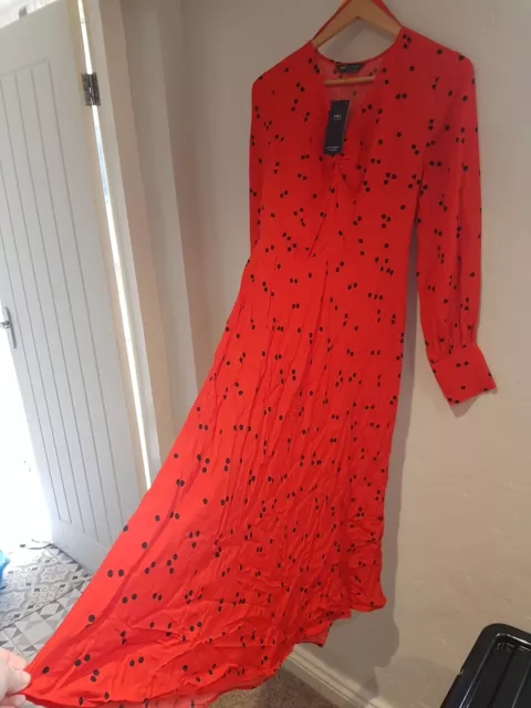 Bnwt Marks & Spencers M&S Size 14 Long Sleeved V Neck Red Mix Spot Light Dress