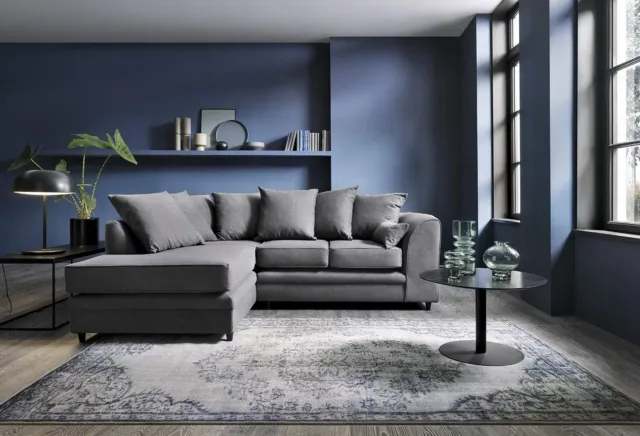 New Corner Sofa Suite Set Footstool 3 2 Seater Dark Grey Fabric Chairs