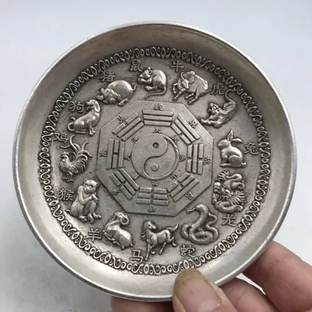 Exquisite rare Old Chinese tibet silver handcarved 12 Zodiac plate collect gift