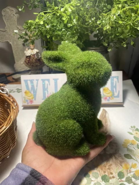 1pc Green Faux Moss Easter Spring BUNNY Clay Figure Statue 7" Decor-NEW!