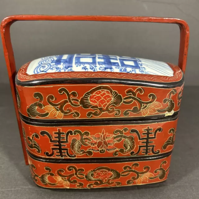 Vintage Antique Chinese Rare Wood Lacquer Porcelain Stacking Wedding Basket