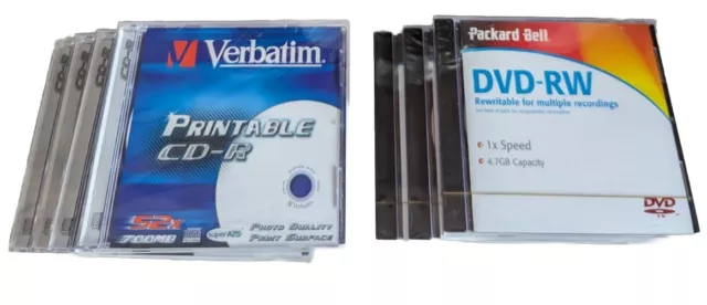 Paquete mixto de discos en blanco CD-R imprimibles Verbatim y campana Packard DVD-RW 7