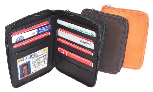 RFID Blocking Leather Mens Bifold Hipster Wallet ID Card Zip Around USA Seller