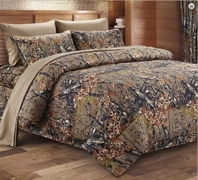 Hunter CAMO 7 pc Full COMFORTER SHEET SET: BROWN CAMOUFLAGE WOODS CABIN TREE