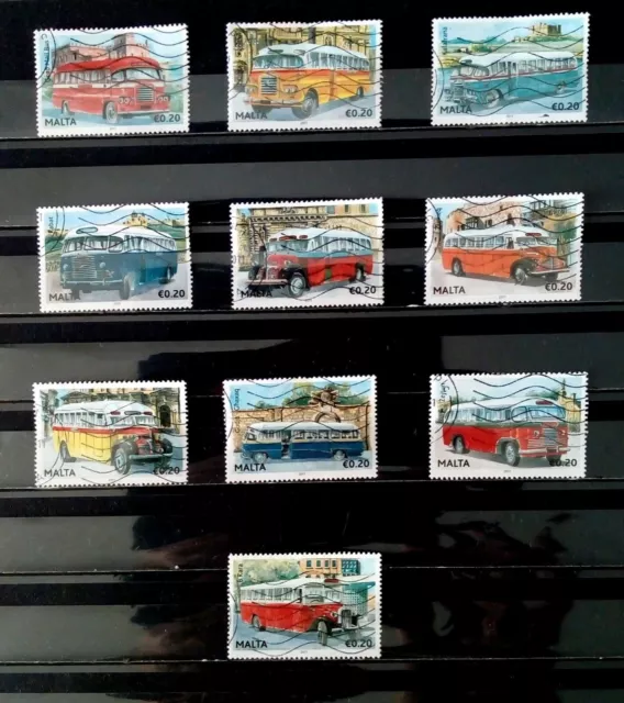 Malta  Stamps.  Buses . Complete Postally Used Set Of 10. Great Condition.