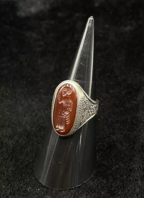 Sterling Silver Roman Empire Ancient Ring With Intaglio King Carnelian Stone