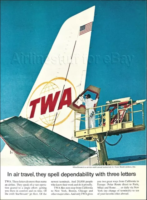 1963 TWA TRANS WORLD AIRLINES ad advert CONVAIR CV-880 painting the logo on tail