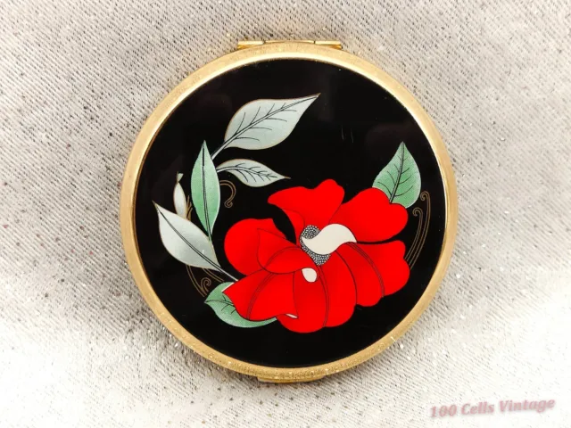 Stratton-Red & Black Floral Design-Vintage Ladies Powder Compact -7cm