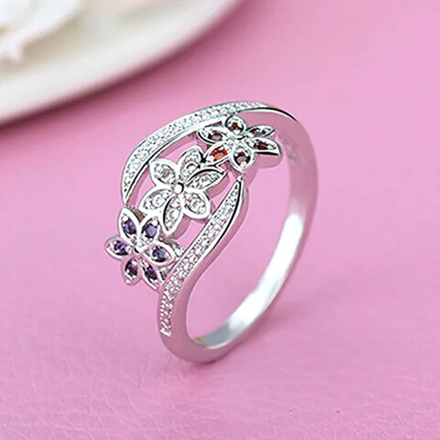 Finger Ring Silver Plated Flowers Design Women Engagement Ring Fashion Jewelry