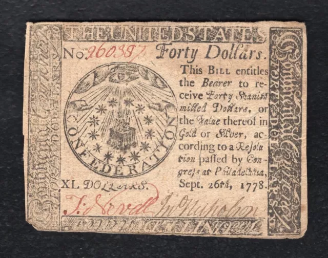 Cc-84 September 26, 1778 $40 Fourty Dollars Continental Currency Note