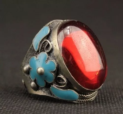 Antique Chinese old silver inlaid enamel cloisonne diocroma finger ring