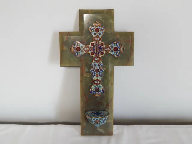 ANCIEN GRAND Bénitier Crucifix Croix en émaux Cloisonné Sur Socle en ONYX