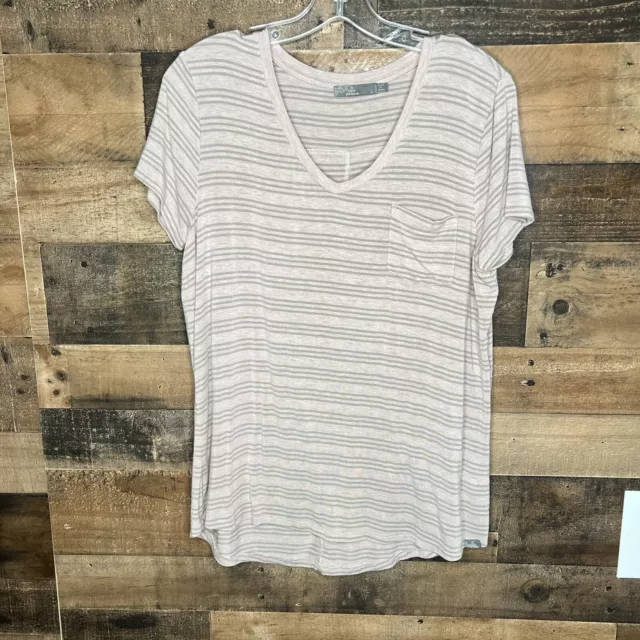 Prana Womens V-Neck Pink Pinstripe Short Sleeve Pocket Tee T-Shirt Size Large