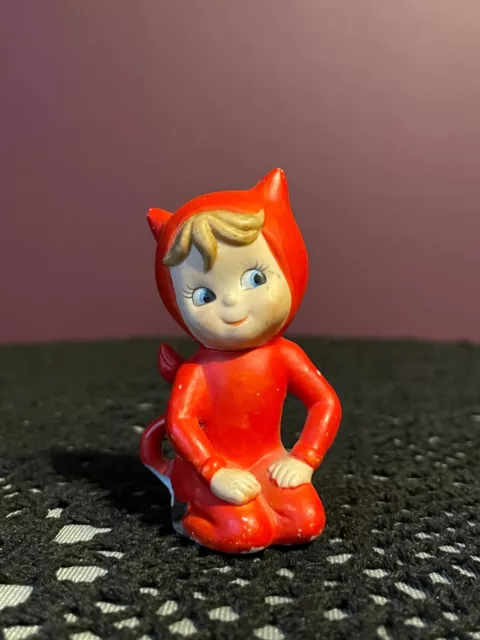 Vintage Lefton Halloween Pixie Brownie Kid Red Devil Figurine Tail And Horns