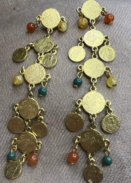 vintage Signed Ben-amun Gold Tone, Coin, Colored Beads pierced dangle Earrings vintage Signed Ben-amun Gold Tone, Coin, Colored Beads pierced dangle Earrings
