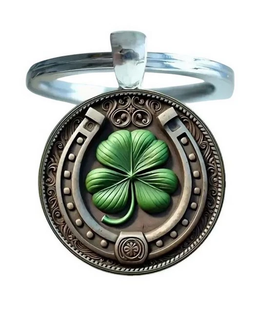 Porte-Clés Porte-Bonheur - Trèfle à 4 Feuilles Et Fer à Cheval En Acier Inoxydable, Cabochon 2.6cm, Longueur 6cm