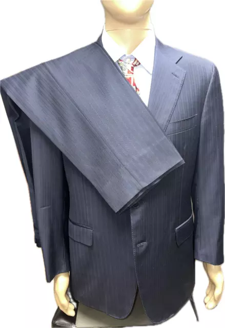 Mens Bespoke 42 R Canali Navy Blue Pin Stripe Wool Suit  34x32 Pants Made Italy