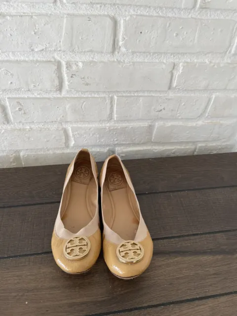 Tory Burch Ballet Flats Women Shoes Patent Leather Tan Camel Color Size 6.5