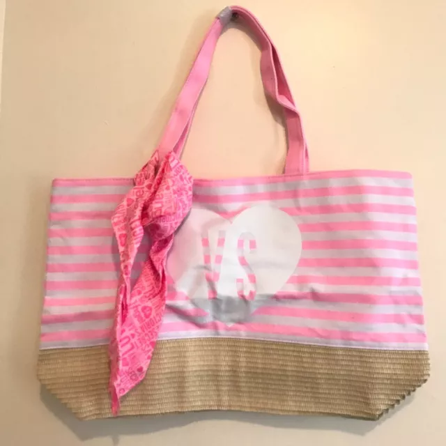 Victorias Secret Fun IN The Sun Beach Tote and Scarf Bag Straw Pink White Stripe