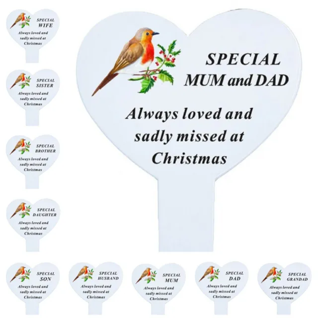 White Heart Christmas Memorial Robin Stake Stick - Xmas Plaque Verse Graveside