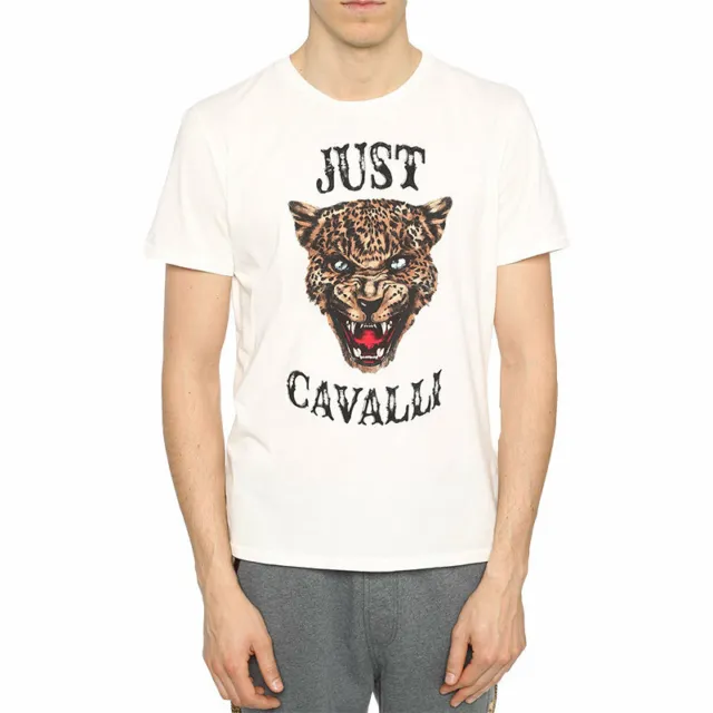 JUST CAVALLI S01GC0419 Mens T-Shirt Tiger Print Short Sleeve Cotton Half White