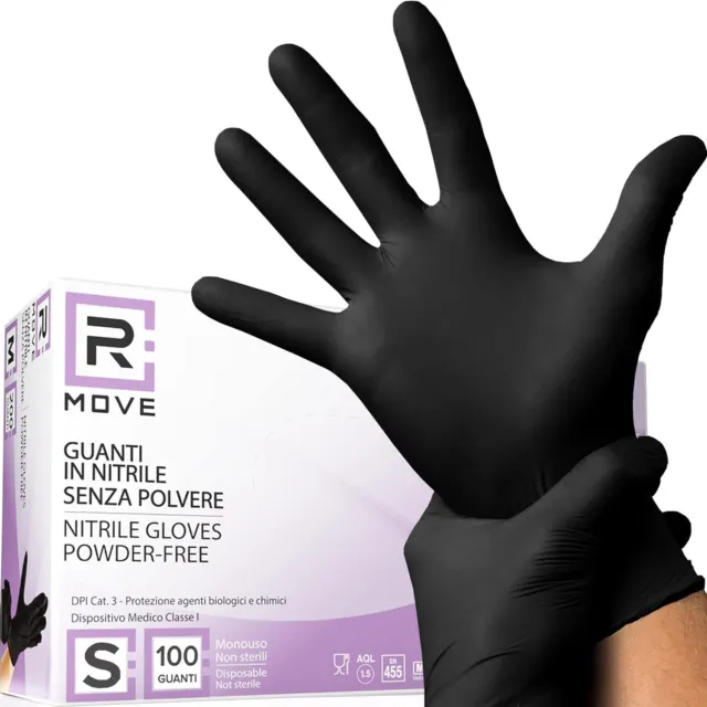 RMOVE 100 guanti in Nitrile Neri S senza polvere, senza lattice, ipoallergenici,