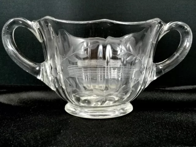 Clear Pressed Glass Open Sugar Bowl Paneled Etched Laurel Floral Lines  2.75"