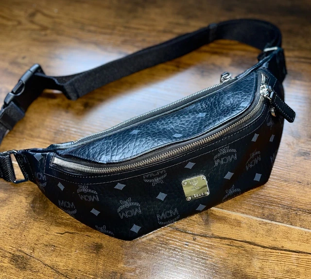 MCM Visetos Medium Belt Bag AUTHENTIC Black/Silver [Pre-Owned]
