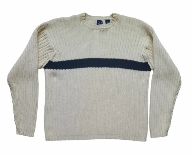 Vintage GAP Men's Cotton Cable Knit Chunky Pullover Navy Cream Sweater XXL