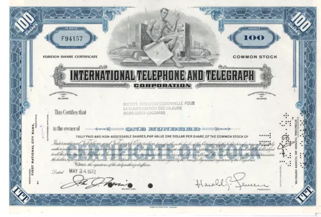 International Telephone-Telegraph Co - Original Stock Certificate -1972 - F94157