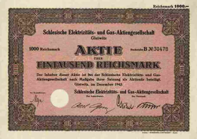 Schlesische Elektrizitäts Gas AG 1942 Gleiwitz Gliwice Schlesien 1000 RM Kupons