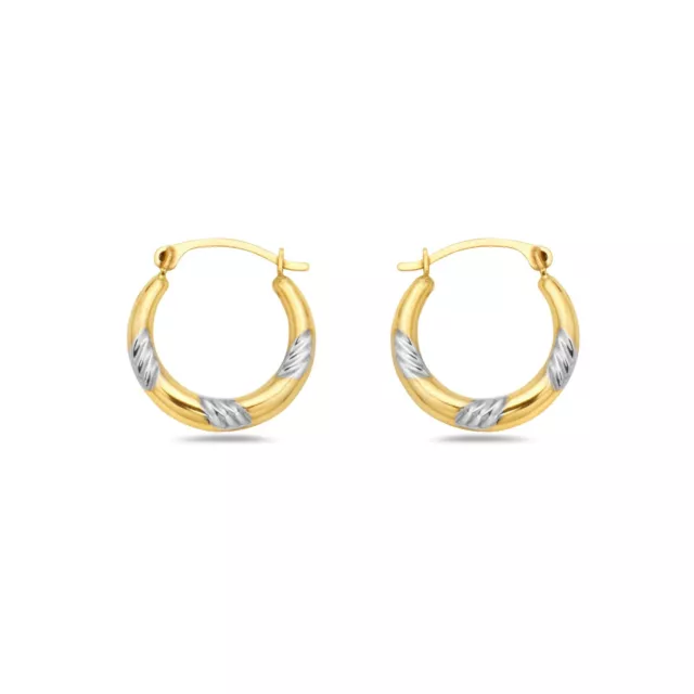 10K Gold Two Tone Lined Diamond Cut French Lock Hoop Earrings