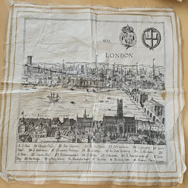 Vintage London 1652 Tissue Paper Map 33cm X 33cm Stained Crinkled Torn Folded