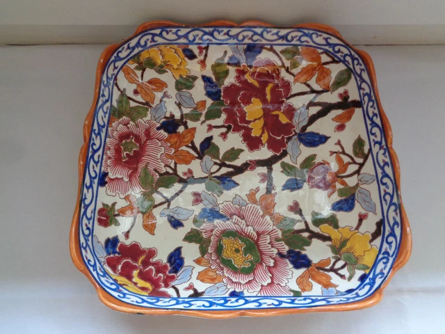 Ancien Plat Creux Carre En Faience De Gien Decor Pivoines Monogramme Rj