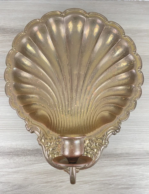 Vintage Large Brass Scalloped Shell Wall Mount Candle Sconce Reflector 12x14"