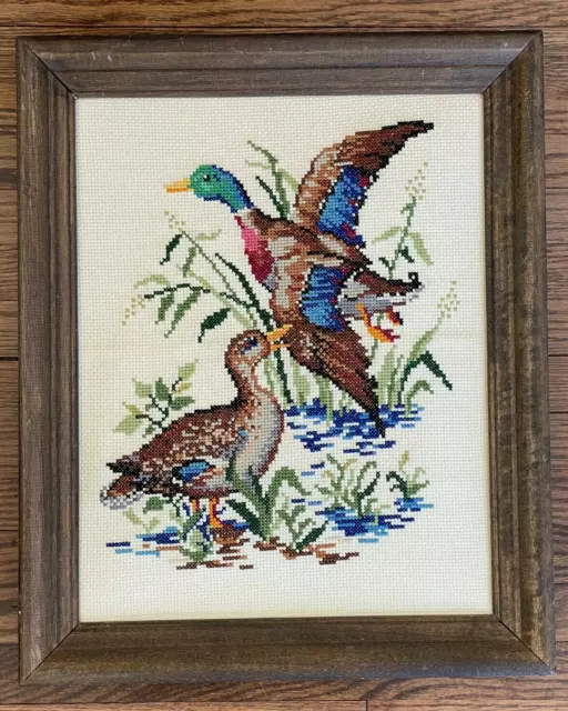 Vintage Mallard Duck Cross Stitch Wall Hanging in Brown Wood Frame 16x13"