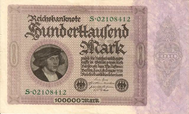 Banknote 100.000 Reichsmark (Serie 01.Feb. 1923) in sehr schöner Sammlerqualität