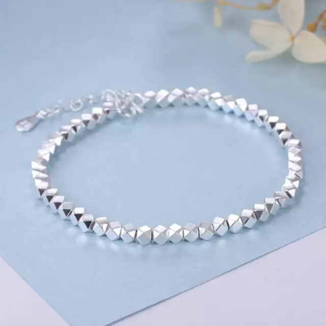 Pure S990 Fine Silver Chain Women Geometry Beads Link Lucky Bracelet 7.5g