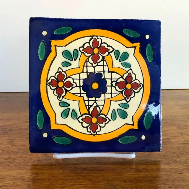 Talovera Mexican Tile Trivet Floral Hand Painted Design Red Pottery 6"x6" C304