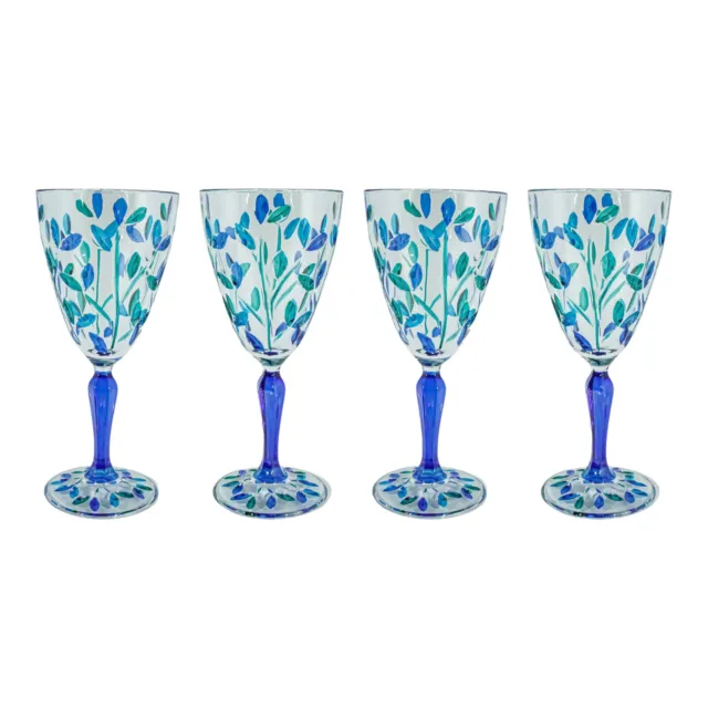 Conjunto De Cuatro 4 Cristal Murano Vino Azul Verde Floral Pintado a Mano Venice