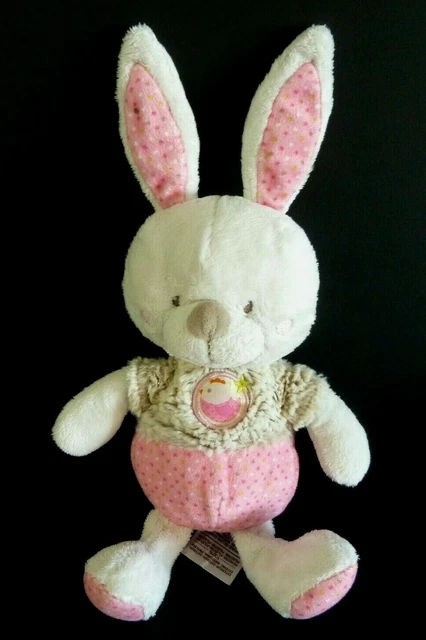 *. DOUDOU PELUCHE MOTS D'ENFANTS LAPIN  ROSE BLANC BEIGE POULE POIS 24cm - TBE