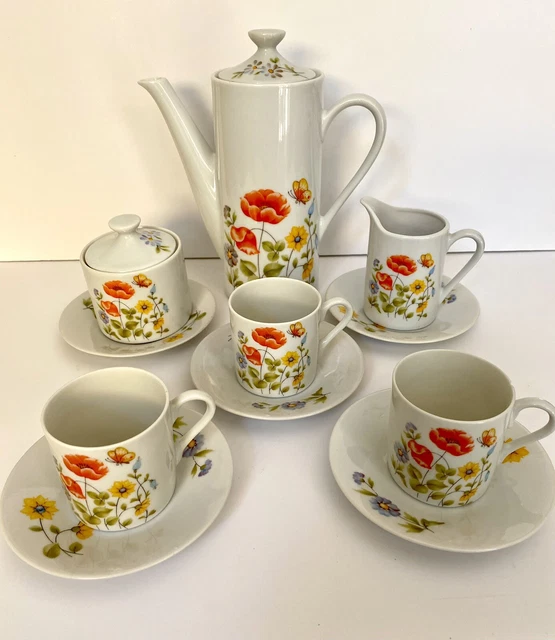 Vintage Lot 13 Pcs Espresso/Tea Set Orange Floral Poppy Butterfly 1970’s Japan